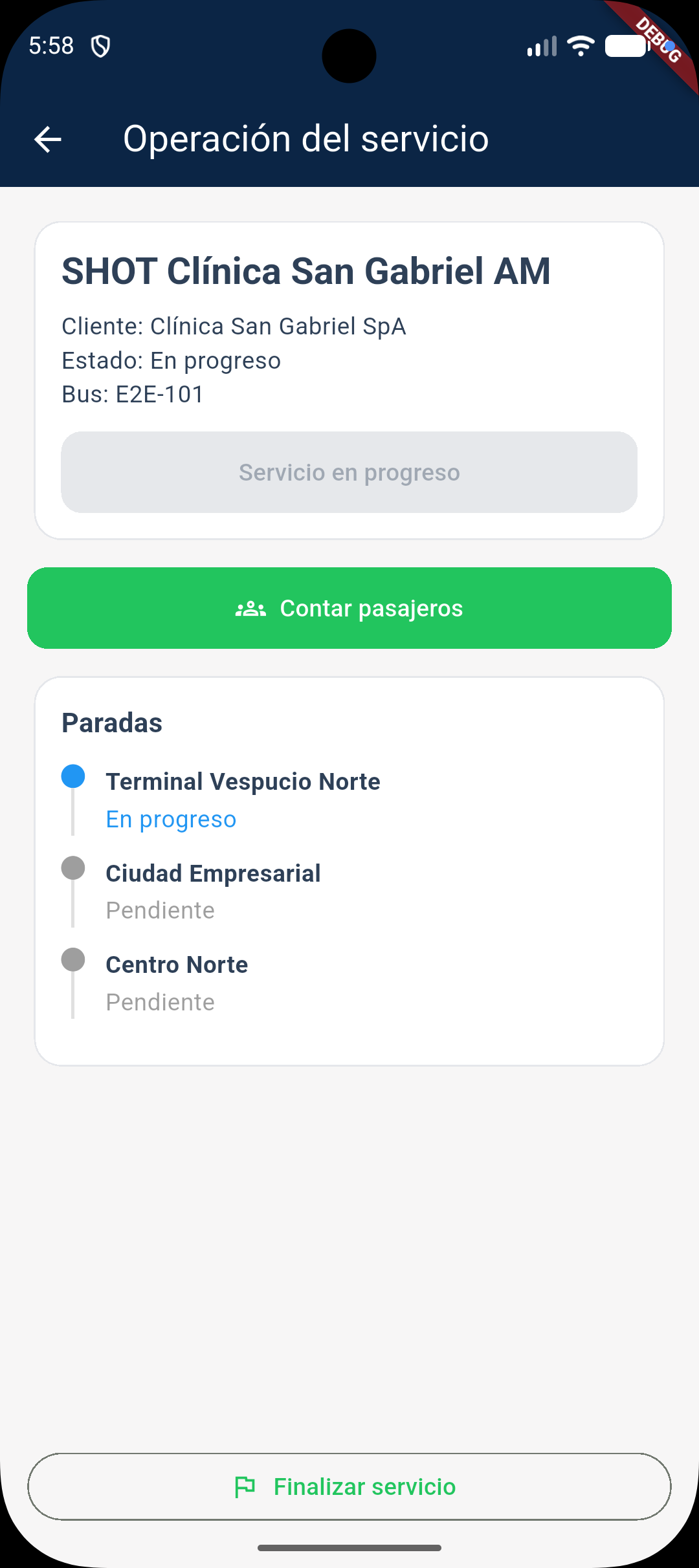 Pantallazo de la app de conductor con servicios del día