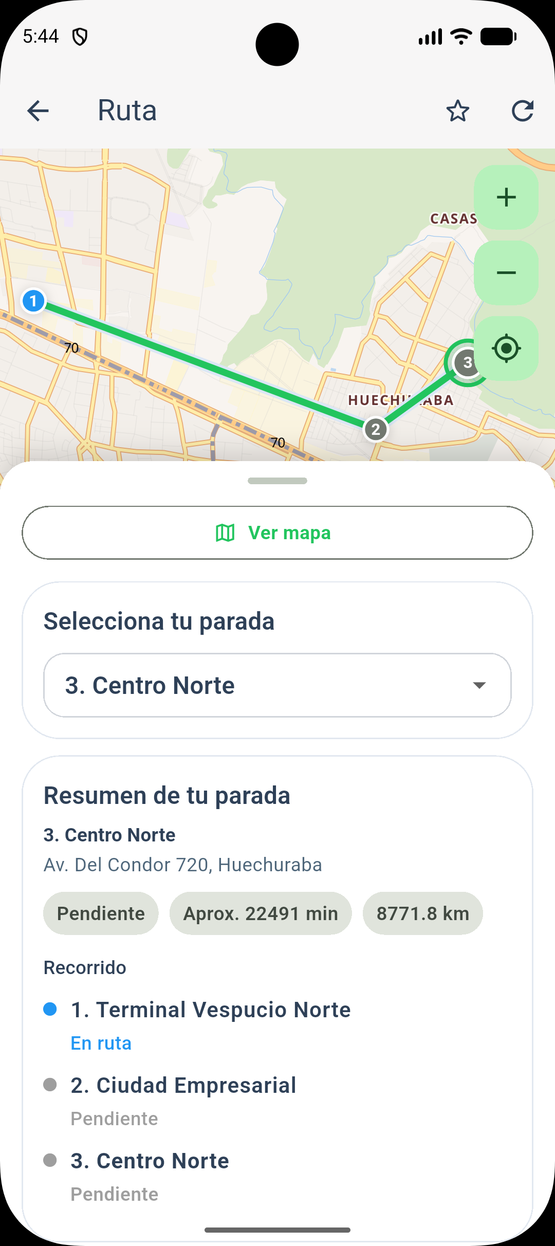 Pantallazo de la app de pasajeros con seguimiento en tiempo real